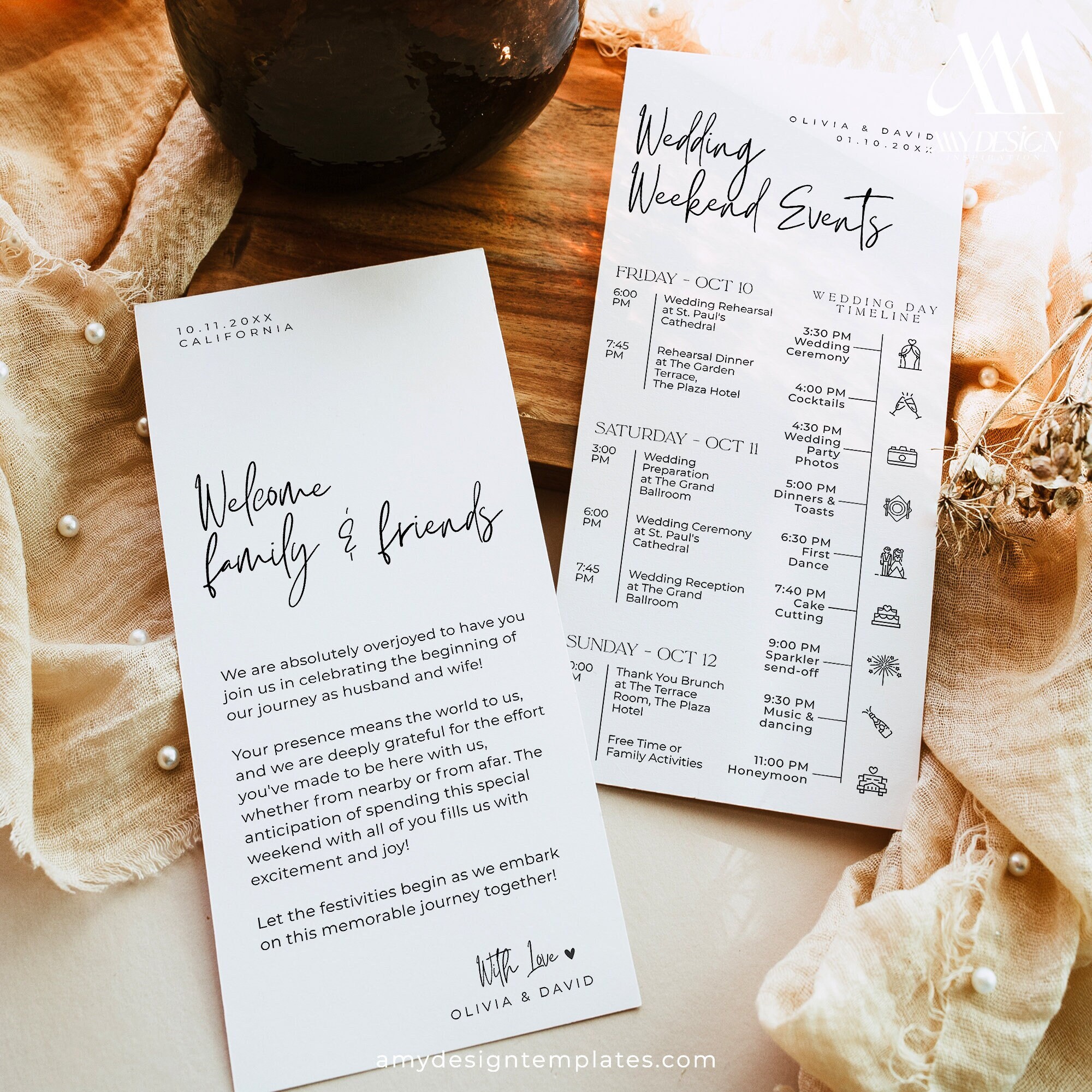 Minimalist Wedding Events Card Template, Wedding Itinerary Template, Wedding Welcome Bag Note, Wedding Timeline Schedule Editable Template