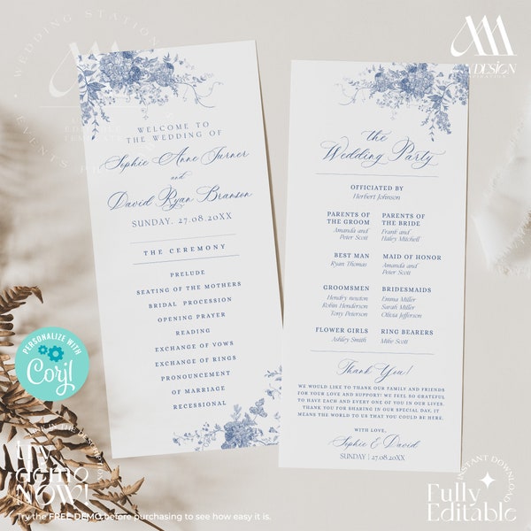 Catholic Wedding Program Template, Something Blue Wedding Programs, Ceremony Program Order of Service Template Download D015