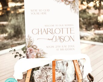 Pink Wedding Welcome Sign Template Download, Welcome to Our Wedding Sign, Bohemian Wedding Signage, Floral Welcome Sign D012