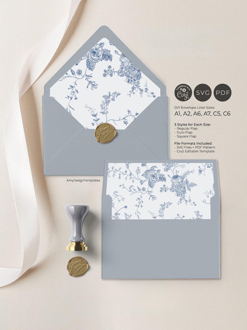 Monogram Blue Envelope Liner Template, DIY Envelope Liner Printable Template, Wedding Envelope Liner Template, PDF SVG Digital Download