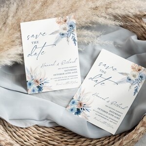 Puede incluir: Dos tarjetas rectangulares blancas de save the date con ilustraciones florales en acuarela de color azul y beige. El texto dice Save the date, Hannah & Richard, are getting married Saturday, October 25th 20XX, at o'clock in the afternoon, in anywhere st., any city.