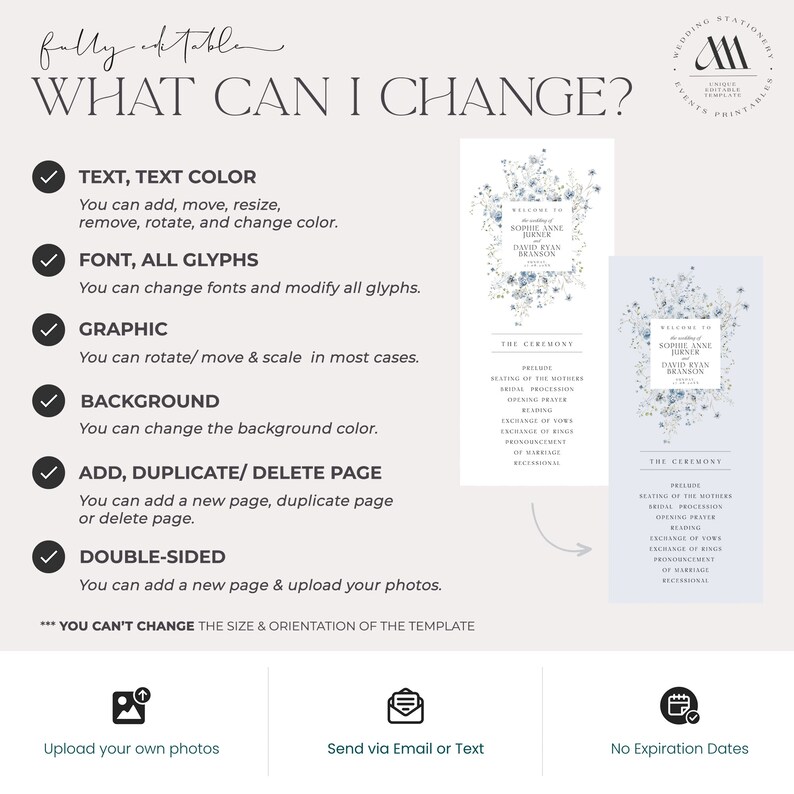 Peut inclure: Une liste de contr&ocirc;le des &eacute;l&eacute;ments personnalisables sur un mod&egrave;le d'invitation de mariage. La liste comprend le texte, la couleur du texte, la police, les glyphes, les graphiques, l'arri&egrave;re-plan, l'ajout ou la suppression de pages, et les options recto-verso. Le texte "*** YOU CAN'T CHANGE THE SIZE & ORIENTATION OF THE TEMPLATE" est en bas de la liste de contr&ocirc;le. L'image montre &eacute;galement deux exemples d'invitations de mariage avec un motif floral bleu.