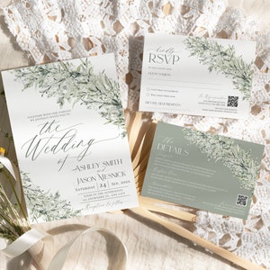 May include: Wedding invitation suite with a green and white floral design. The invitation features the text "The Wedding of Ashley Smith and Jason Miesnick" with the date "Saturday, 24. Sep. 20XX". The RSVP card has a floral design and a QR code. The details card has a green background with the text "The Details" and a floral design.