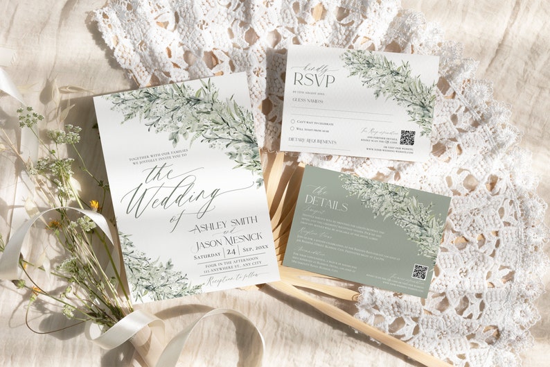 May include: Wedding invitation suite with a green and white floral design. The invitation features the text "The Wedding of Ashley Smith and Jason Miesnick" with the date "Saturday, 24. Sep. 20XX". The RSVP card has a floral design and a QR code. The details card has a green background with the text "The Details" and a floral design.