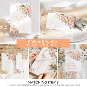 May include: A set of printable bridal brunch invitations with a floral design. The invitations feature a watercolor floral pattern in shades of pink, purple, and green. The text on the invitations reads "Bridal Brunch" and includes the date and time of the event. The invitations are perfect for a bridal shower or a pre-wedding brunch.