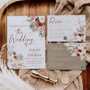 Modèle de suite de faire-part de mariage bohème, ensemble d'invitations de mariage en terre cuite, modèle de jeu de mariage d'automne rustique, mariage bohème QR Code E069