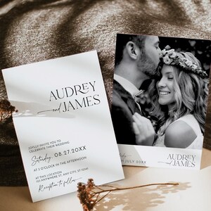 May include: Wedding invitation featuring the names "Audrey and James" in elegant script. The invitation includes the wedding date, time, and location. A black and white photo of a couple is on the right.