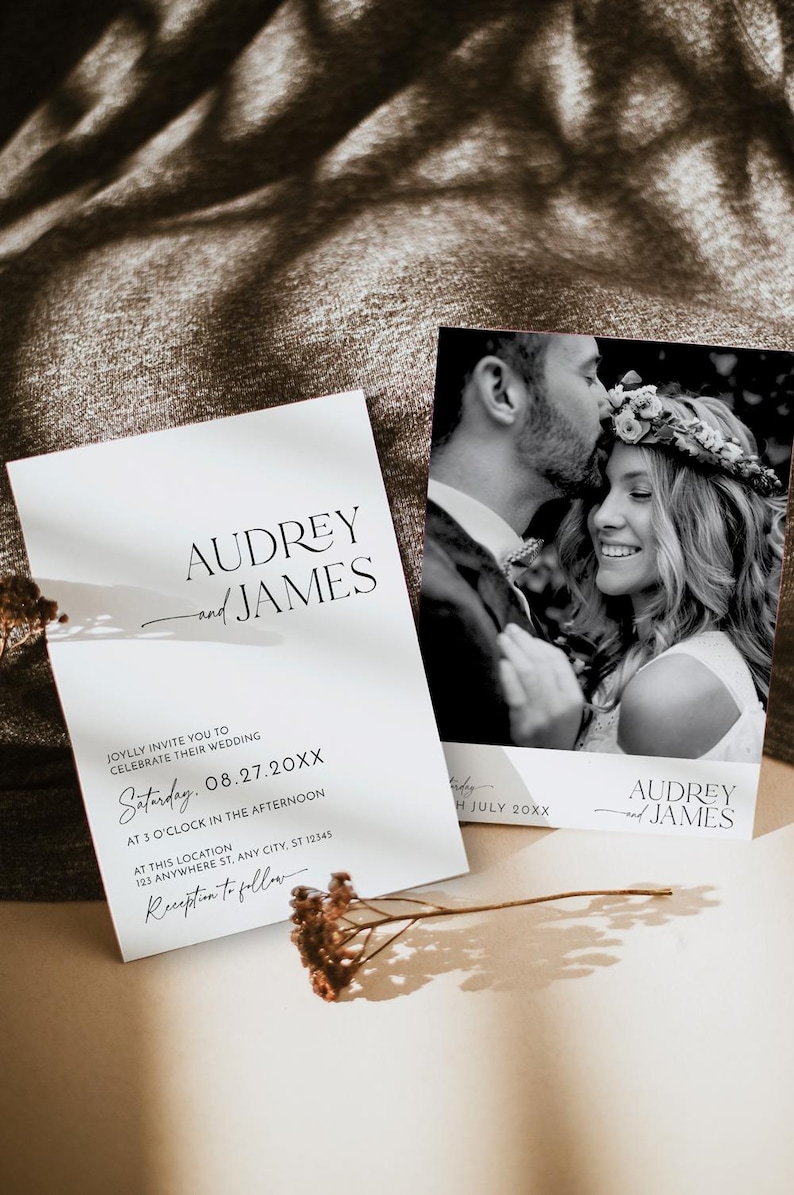 May include: Wedding invitation featuring the names "Audrey and James" in elegant script. The invitation includes the wedding date, time, and location. A black and white photo of a couple is on the right.