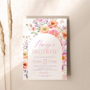 May include: A floral birthday invitation with a pink and white color scheme. The invitation features a watercolor illustration of flowers and the text "Nancy's Birthday" in a pink script font. The invitation also includes the date "Saturday 25 October 20XX" and the time "Two o'clock in the afternoon".
