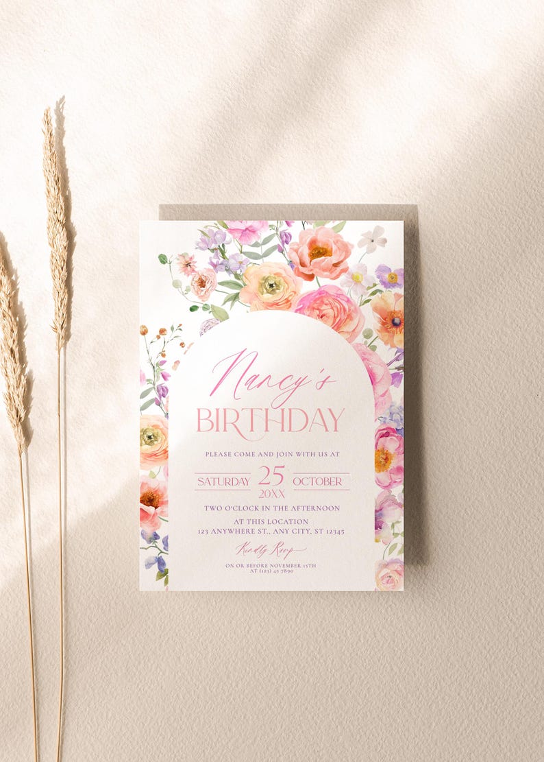 May include: A floral birthday invitation with a pink and white color scheme. The invitation features a watercolor illustration of flowers and the text "Nancy's Birthday" in a pink script font. The invitation also includes the date "Saturday 25 October 20XX" and the time "Two o'clock in the afternoon".