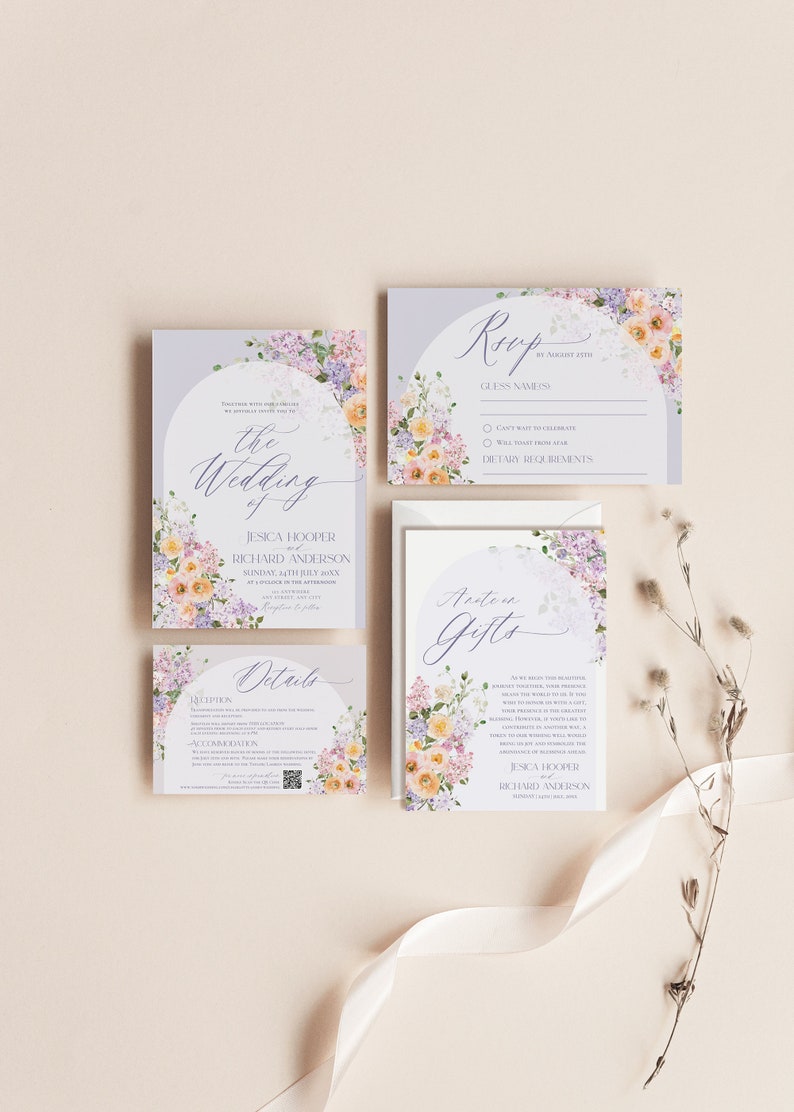 May include: Purple and yellow floral wedding invitation suite with a semi-circle design. The invitation includes the text "The Wedding of Jessica Hooper and Richard Anderson" and the date "Sunday, 14th July 20XX". The RSVP card includes the text "RSVP by August 25th" and "Dietary Requirements". The details card includes the text "Reception" and "Accommodation". The gifts card includes the text "Antem Gifts" and "Jessica Hooper and Richard Anderson".