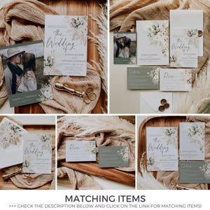 May include: A wedding stationery suite featuring white cards with sage green accents and dried floral illustrations. The set includes invitations, RSVP cards, and detail cards with cursive text reading The Wedding of Jessica Hooper and Richard Anderson.
