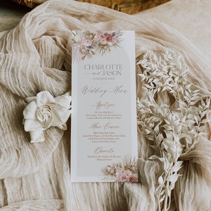 Modelo de menu de casamento boho rosa, cartões de menu de brunch floral, cartão de agradecimento boho para impressão, modelo de nota de guardanapo de agradecimento D016
