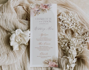 Pink Boho Wedding Menu Template, Floral Brunch Menu Cards, Printable Bohemian Thank You Place Card, Thank You Napkin Note Template D016