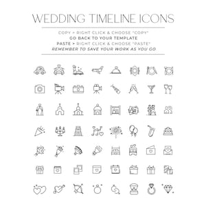 May include: A collection of black line art icons titled WEDDING TIMELINE ICONS, featuring symbols for transportation, dining, photography, ceremony, celebration, gifts, and jewelry, with instructions to copy and paste the elements.