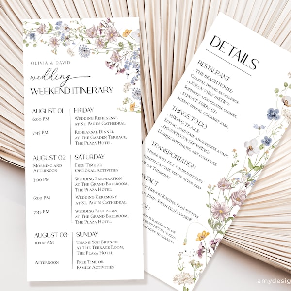 Wildflower Wedding Itinerary Template 4x9, Floral Wedding Weekend Itinerary Editable, Botanical Wedding Timeline Schedule Template