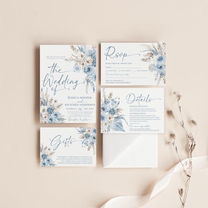 Blaue Hochzeitseinladungs-Vorlage, Staubige Blaue Blumenhochzeits-Einladungssatz-Vorlage, Botanische Hochzeit lädt bearbeitbarer Download ein D018