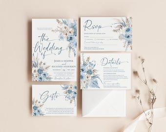 Blue Wedding Invitation Suite Template, Dusty Blue Floral Wedding Invite Set Template, Botanical Wedding Invites Editable Download D018