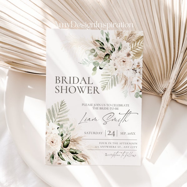 Green Boho Bridal Shower Invitation, Sage Green Bridal Shower Invite, Boho Bridal Shower Pampas Grass Editable Template #34