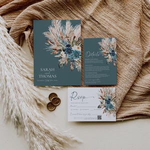 Boho Teal Wedding Invitation Template, Bohemian Teal Wedding Invitation Suite Editable Printable, Turquoise Wedding Card E106