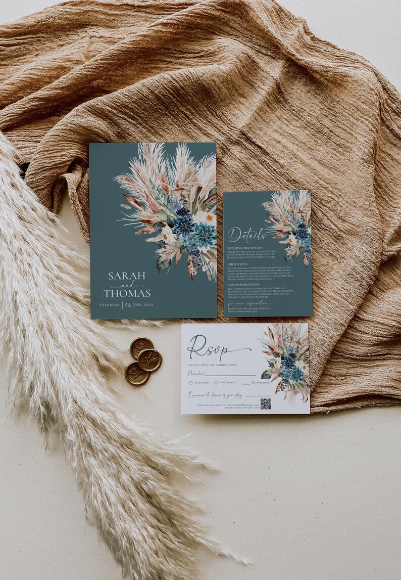 Boho Teal Wedding Invitation Template, Bohemian Teal Wedding Invitation Suite Editable Printable, Turquoise Wedding Card E106