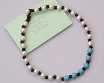 Pearls Turquoise stones necklace, Genuine Leather Women Chokers Jewelry,Handmade Beaded necklace,natural stones jewellery Wholesale