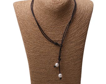 20 inches women pearl leather necklace,White Freshwater Pearls Jewelry,Near Round Pearls beaded necklace,Handmade chokers girl birthday gift