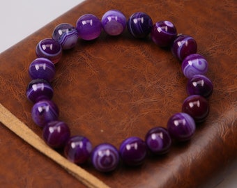 Purple Agate Stones Bracelets, Round Beads Jewelry,Natural Stone Wristband, Adjustable Bangles, 10 mm round Gemstone Elastic Jewelry Girl