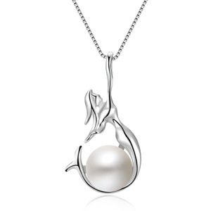 925 sterling silver women pendant necklace with white freshwater pearls box chain jewelry,Mermaid Pearl Necklace,New Year Gift 18"