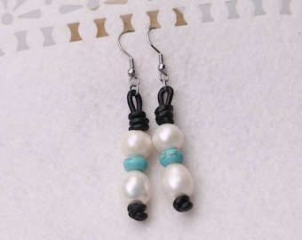 White Pearls Dangle Earring,Handmade Beaded Drop Earrings,Women White Freshwater Pearls Pendant Earring Jewelry,Blue Turquoise Stones