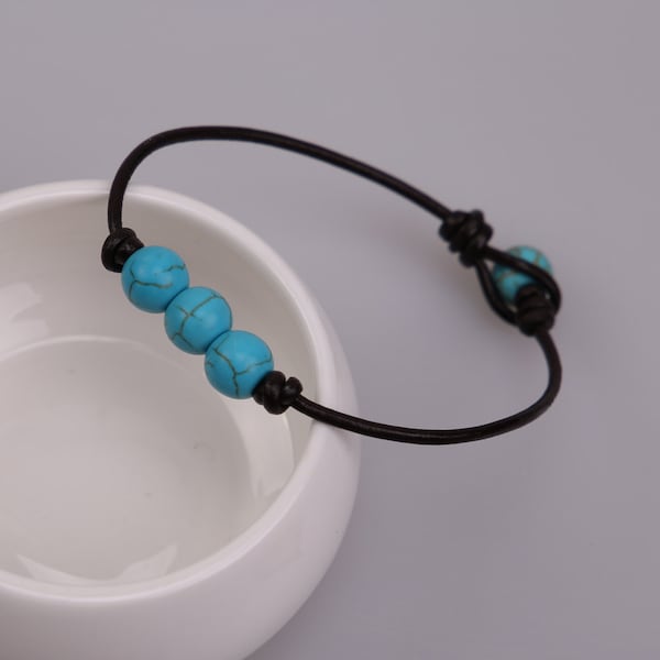 Handmade Three Turquoise Beaded Bracelet, Women Leather Bangles,10mm Blue Stone Jewelry,Knotted Girls Leather Jewelry,Black Brown,Girls