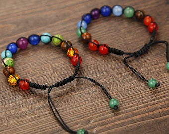 13 Grain 8mm Natural Stone Seven-Color Rainbow 7 Chakra Bracelet Therapy Reiki Stone Prayer Hand Woven Adjustable Bracelet Wholesale
