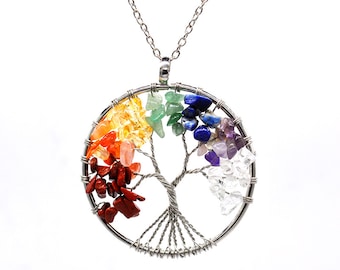 Natural Crushed Crystal Tree of Life Colorful natural stone rich tree necklace Wire tree necklace Wire wound tree Tree of Life Pendant