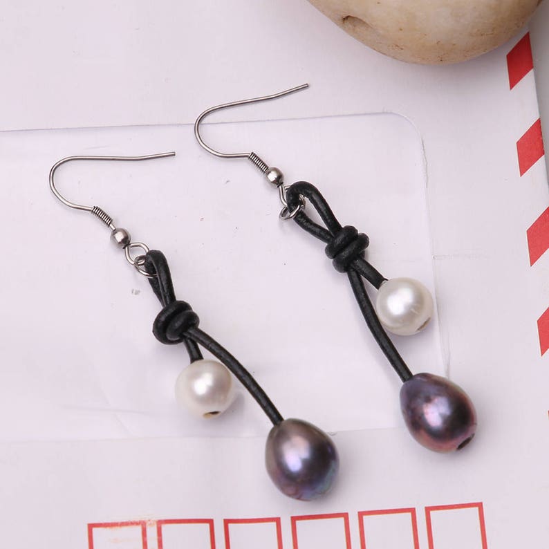 Handmade Natural Freshwater Pearls Earring,Genuine Leather Jewelry,Big Tear drop Pearl Dangle Earrings Women Steel Earring