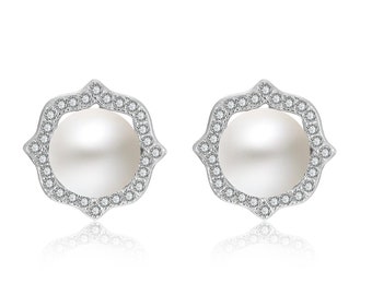 925 Sterling Silver Pearl Earrings,Freshwater Pearls Stud Earrings,White Cultured Pearls Jewelry,Cubic Zirconia Stones Earrings S925