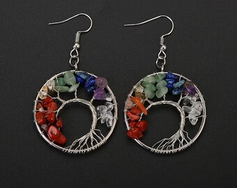 Hand-wound curved earrings Natural Gravel Earrings Colorful Tree of Life Earrings Wishing Tree Earrings Money Tree Earrings birthday present
