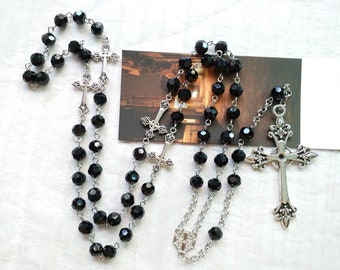 Black Vintage Long Necklace，Crystal Cross Pendant，men's and women's versatile necklace，religious jewelry chain，8mm crystal necklace