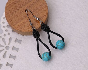 Blue Turquoise Stones Earrings, Single One Beaded Dangle Hook Earring for Girls,Stainless Steel Drop Leather Earring Jewelry 10 mm stones