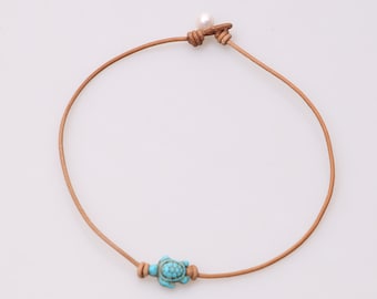Handmade Women Blue Turtle Choker Necklace Brown Leather Cord Necklace One Pearl Jewelry