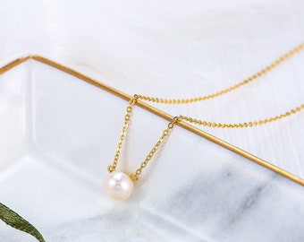 Silver Choker Necklace,925 Sterling Silver Jewelry,Freshwater Pearls Pendant Necklace,White Pearl Necklace,24K Gold Plated Necklace