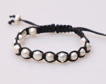Handmade women Pearls Bangle Bracelet Black Wax Couple Jewelry Bracelet with Natural Freshwater Pearls