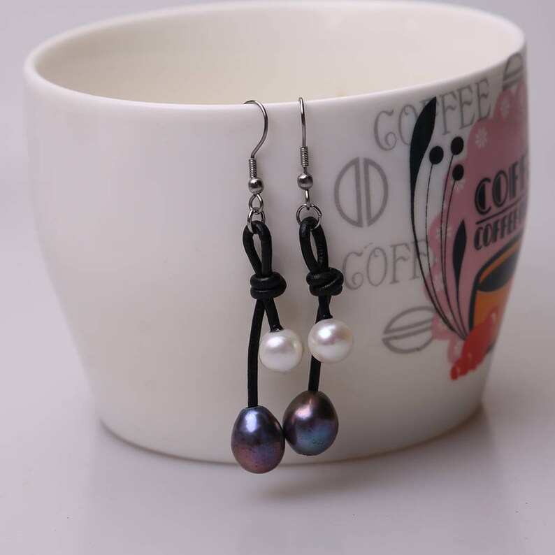 Handmade Natural Freshwater Pearls Earring,Genuine Leather Jewelry,Big Tear drop Pearl Dangle Earrings Women Steel Earring