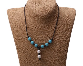 Blue Turquoise Stones Necklace Choker,Women Cultured Freshwater Pearls Choker Leather Jewelry,Knotted,White Pearls,Black Leather Pendant