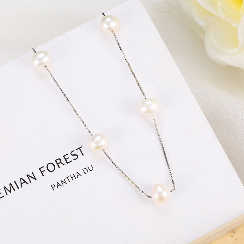 Valentine/'s Day Silver Choker Necklace,925 Sterling Silver Jewelry,Freshwater Pearls Pendant Necklace,White Pearl Box Chain Necklace