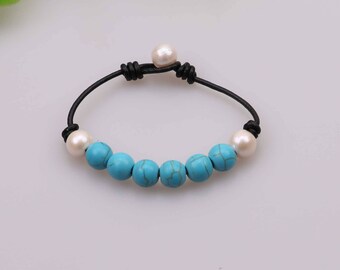 Pulsera de perlas de agua dulce con nudos a mano, pulsera turquesa, joyería de piedra natural, brazalete de cuentas azules, pulsera de mujer hecha a mano, pulsera de 8", B0033