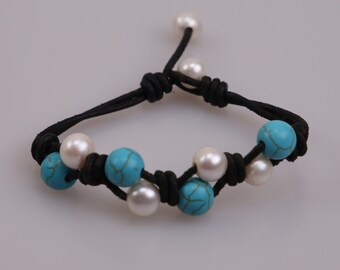 Women Pearl Turquoise Stone Bracelet,Black Leather Pearl Bangle,Knotted Pearls Jewelry,Round Beaded Bracelet,Adjustable Wristband,B0015