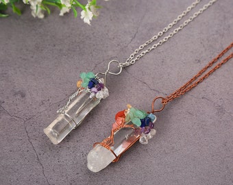 Natural Raw Stone necklace，Crystal Columns Hand Wound Gravel necklace，Seven Chakra Necklace，Natural Irregular Gem Handmade Rich Tree Pendant