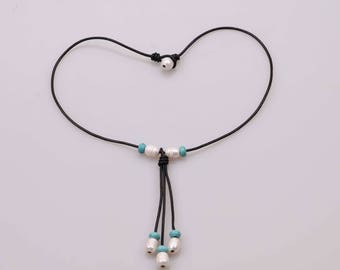 18" Women Freshwater Pearl Necklace,Beaded Pendant Bracelet,Dangling Charm Jewelry on Genuine Leather Cord, Turquoise Jewelry Women