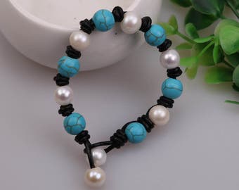 Handknotted Freshwater Pearl Bracelet,Turquoise Bracelet,Natural Stone Jewelry,Blue Beads Bangle,Handmade Women Bracelet,8" Wrist Band,B0024