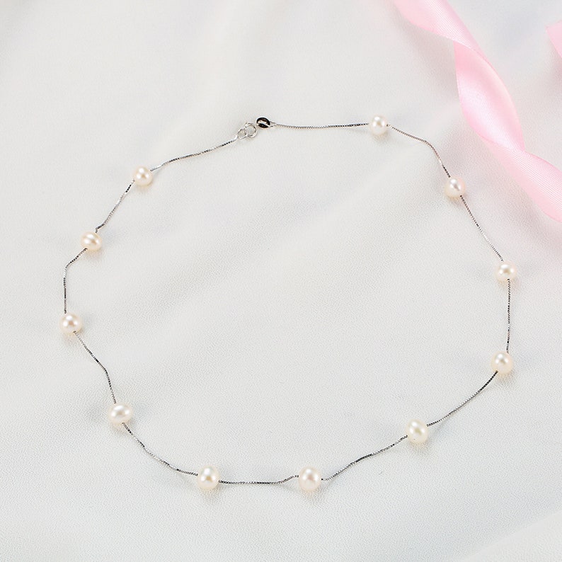Valentine/'s Day Silver Choker Necklace,925 Sterling Silver Jewelry,Freshwater Pearls Pendant Necklace,White Pearl Box Chain Necklace